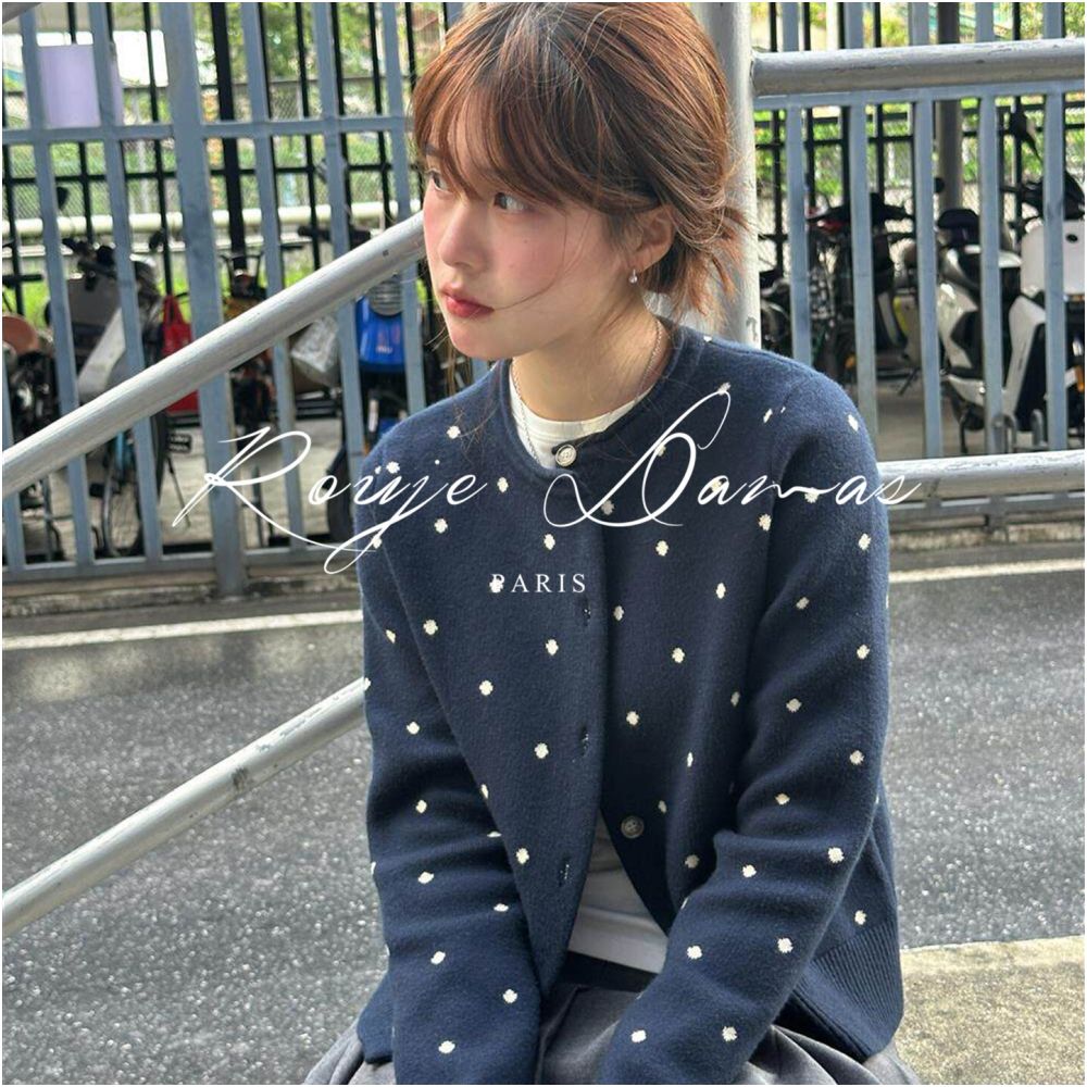 Rouje Damas Navy Blue Polka Dot All over Knit Cardigan for Women Loose Fit Versatile Slimming Sweater Jacket Top image 3