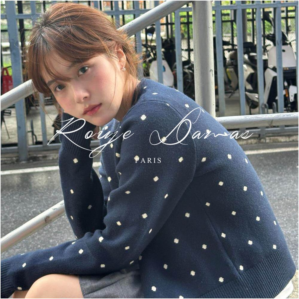 Rouje Damas Navy Blue Polka Dot All over Knit Cardigan for Women Loose Fit Versatile Slimming Sweater Jacket Top image 4