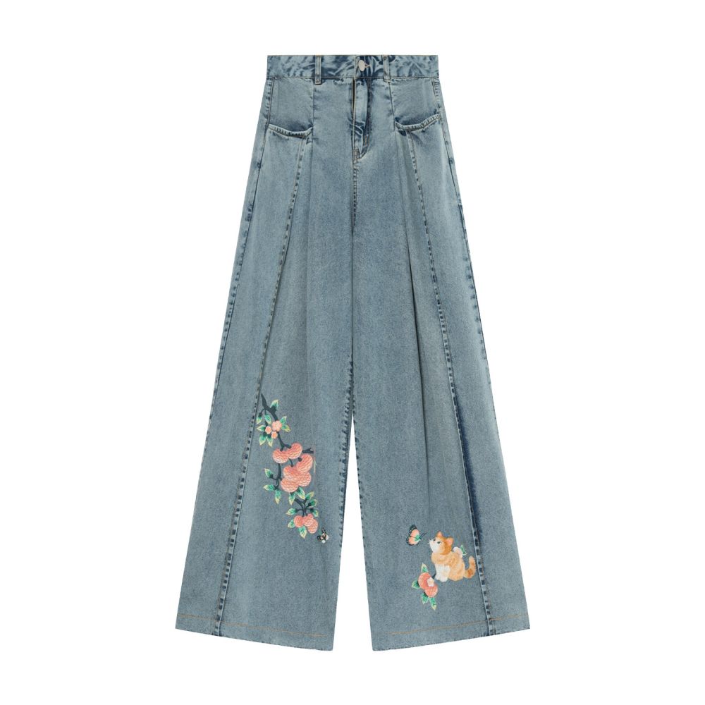 ASAYA6892 – Lychee Garden Embroidered Wide-Leg Jeans 🍑🐱👖✨
