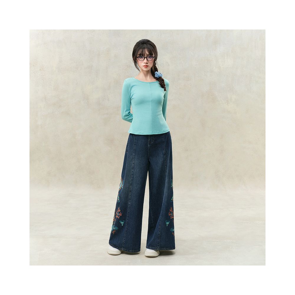 Su Luo s original Spring Dragon New China Chic wide leg trousers heavy industry embroidery loose jeans image 3