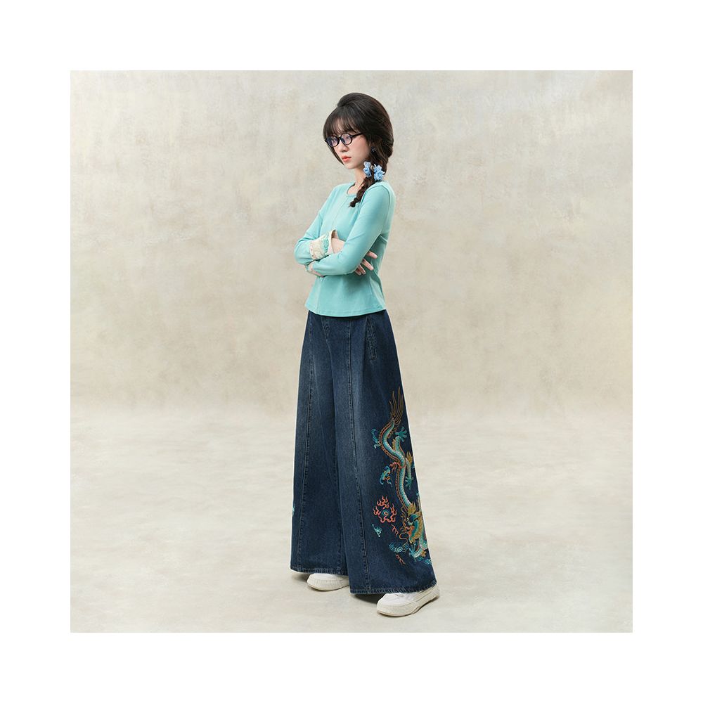 Su Luo s original Spring Dragon New China Chic wide leg trousers heavy industry embroidery loose jeans image 0