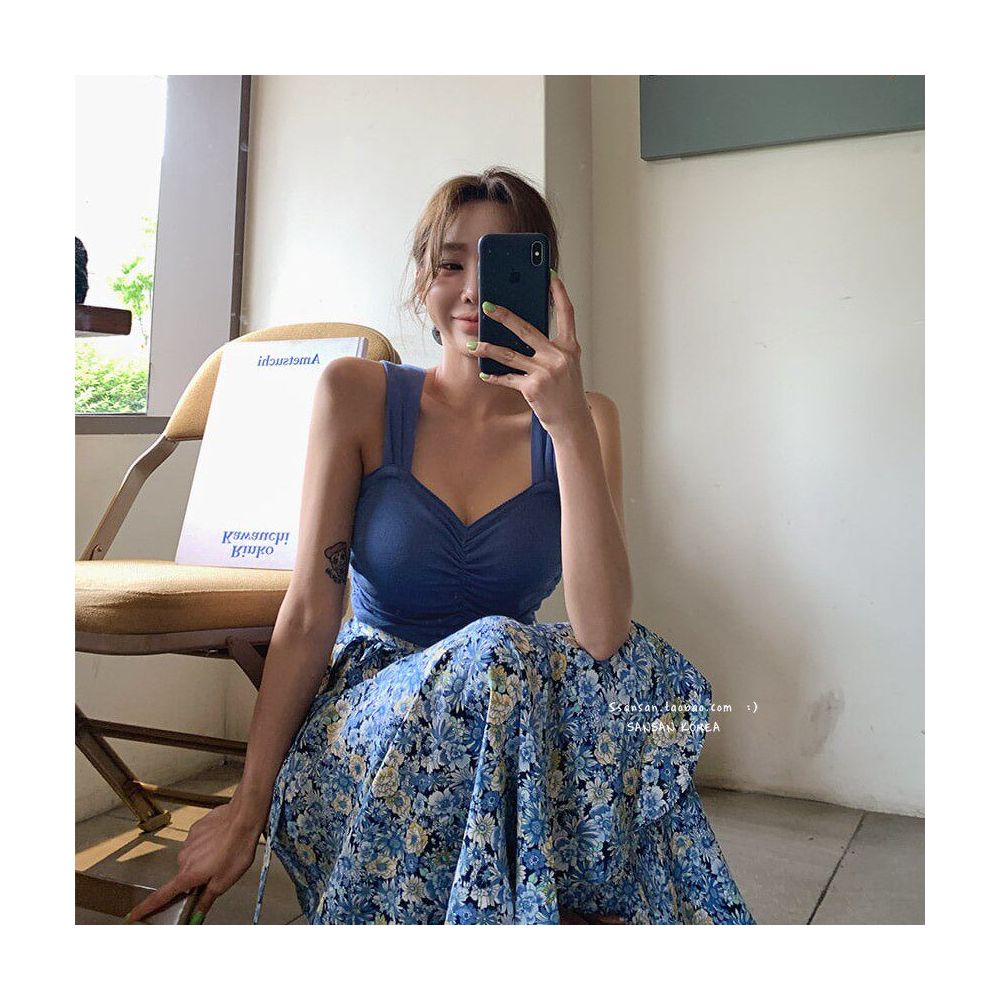 In stock SANSAN Korea official website import elegant two piece set ruched camisole floral print one piece skirt image 1