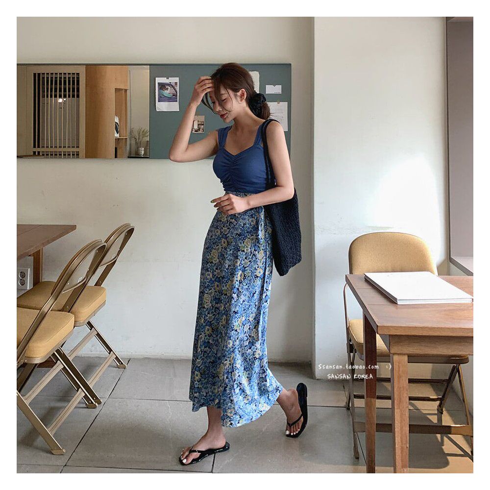 In stock SANSAN Korea official website import elegant two piece set ruched camisole floral print one piece skirt image 2