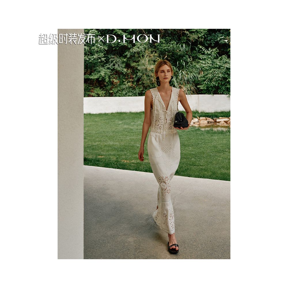 Super Fashion Show DMON Southern France Resort Beaded Hollow Out Embroidered Vest High Waisted A Line Skirt Set image 2
