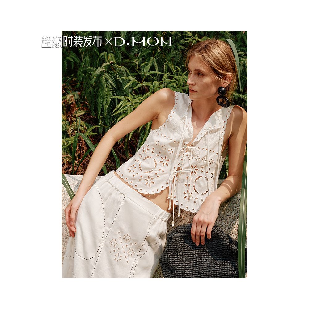 Super Fashion Show DMON Southern France Resort Beaded Hollow Out Embroidered Vest High Waisted A Line Skirt Set image 0