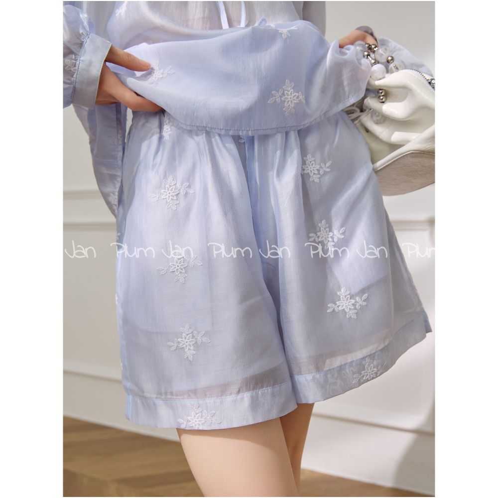 Plum Jan French style relaxed light blue floral top and shorts set for women summer design trendy two piece set image 3