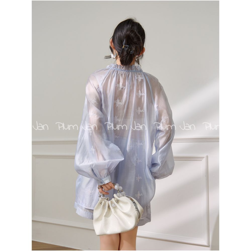 Plum Jan French style relaxed light blue floral top and shorts set for women summer design trendy two piece set image 4