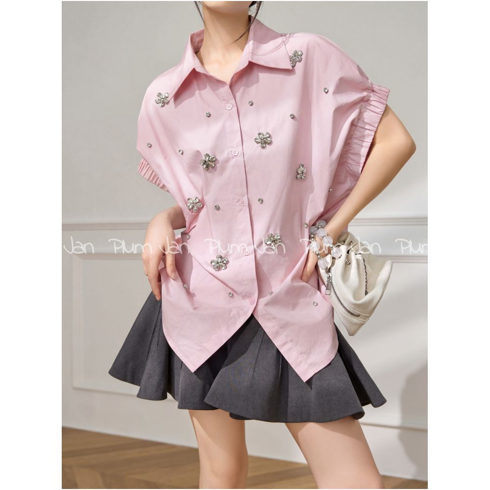 Plum Jan Pink Short Sleeve Shirt with Heavy Collar Design Summer Style Beaded Loose Fit Women s Shirt image 0