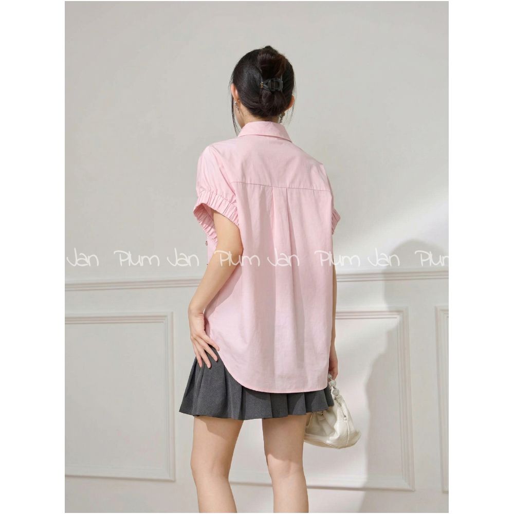 Plum Jan Pink Short Sleeve Shirt with Heavy Collar Design Summer Style Beaded Loose Fit Women s Shirt image 3