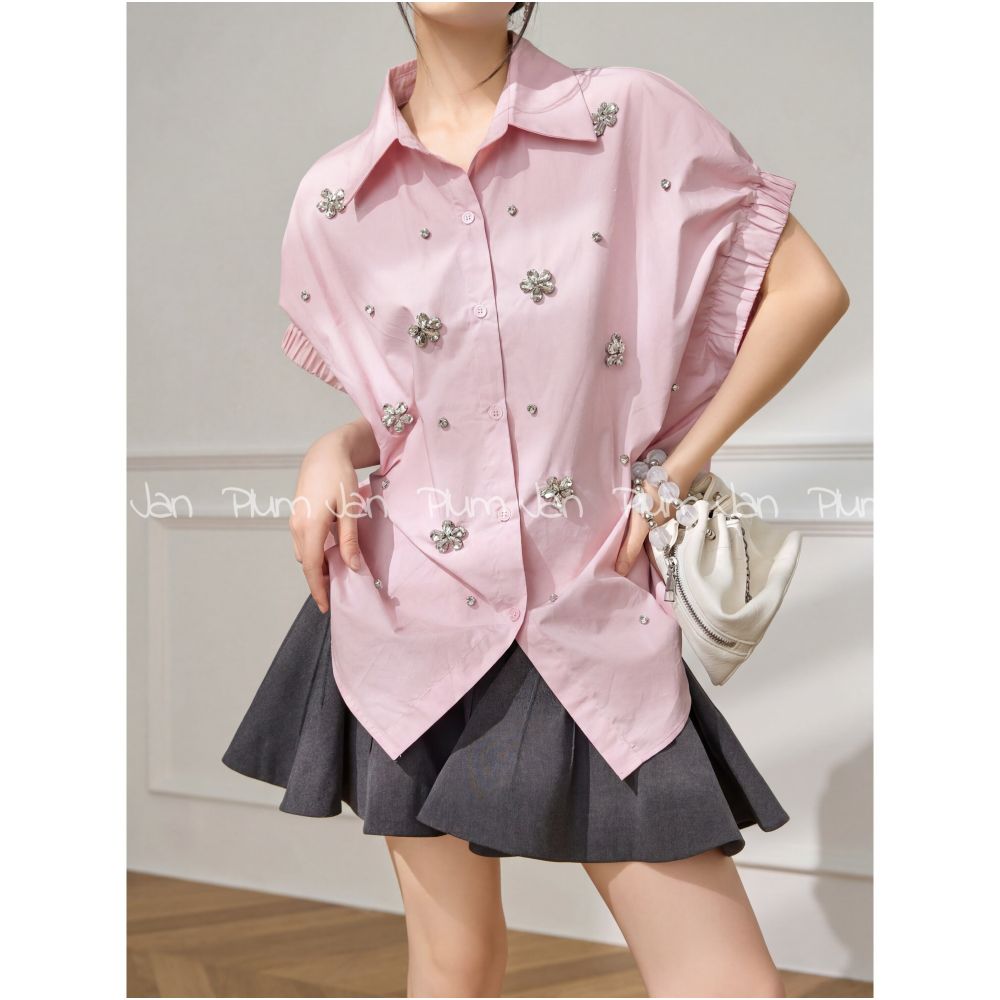 ASAYA6901 – Blush Crystal Bloom Shirt 🌸✨💎