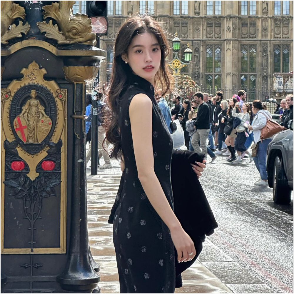 TiTi Falling Moon Cheongsam Black Polka Dot Chinese Style Sleeveless Modified Long Cheongsam image 1