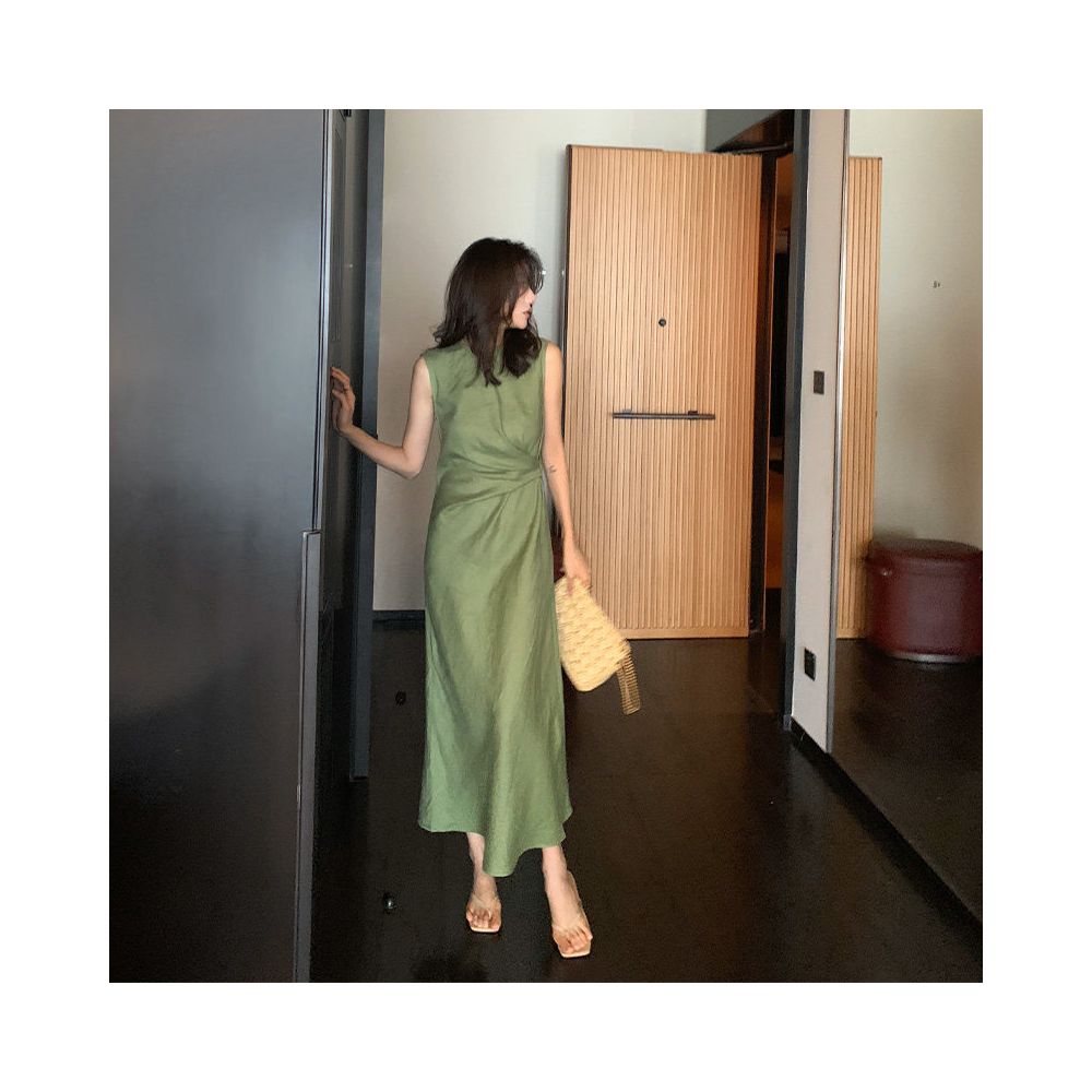 Long Xier Summer French Style Slimming Waist Tie Waist Sleeveless Dress High Waist Pleated Design Long Skirt T484 image 0