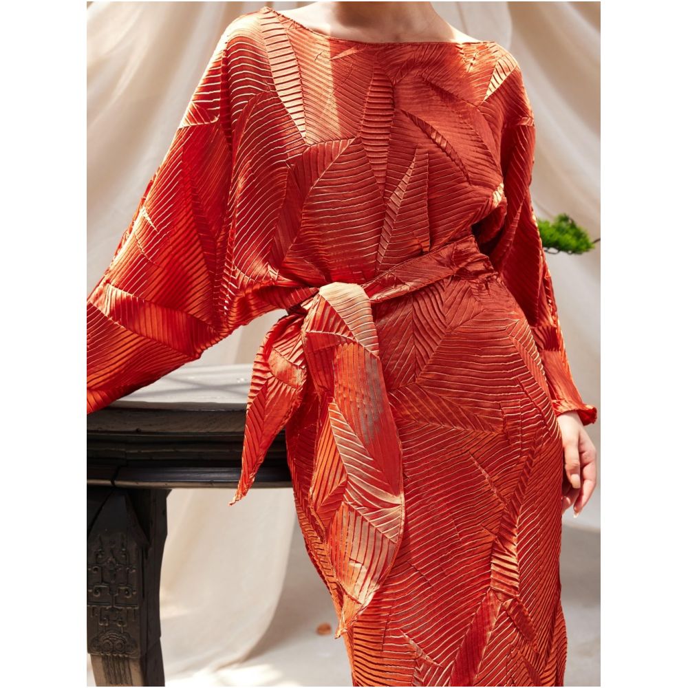 ASAYA6914 – Terracotta Pleats Signature Dress 🧡🍂✨
