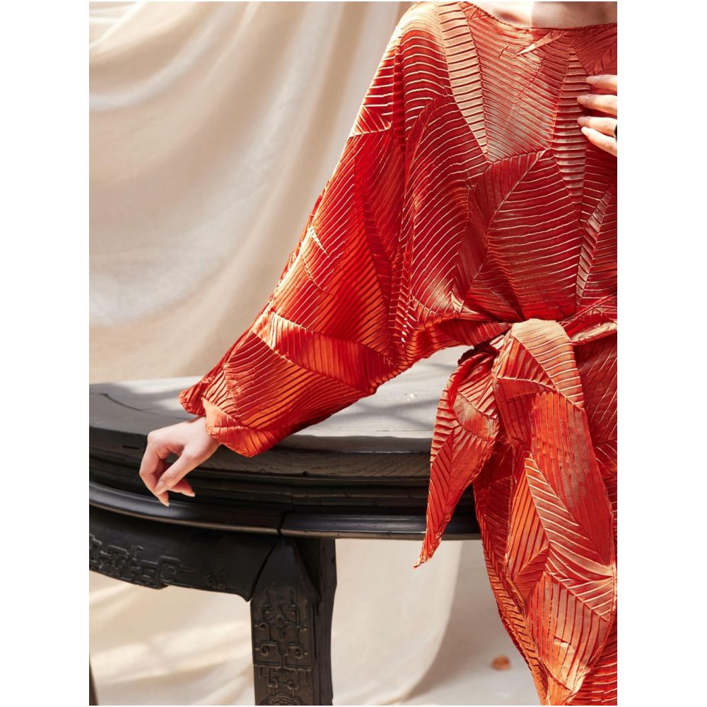 TAORAN Women s Round Neck Orange Red Long Sleeved Dress New Spring Style Tie Waist Faux Two Piece Long Dress Vacation Dress image 1