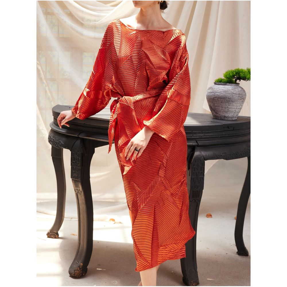 TAORAN Women s Round Neck Orange Red Long Sleeved Dress New Spring Style Tie Waist Faux Two Piece Long Dress Vacation Dress image 4