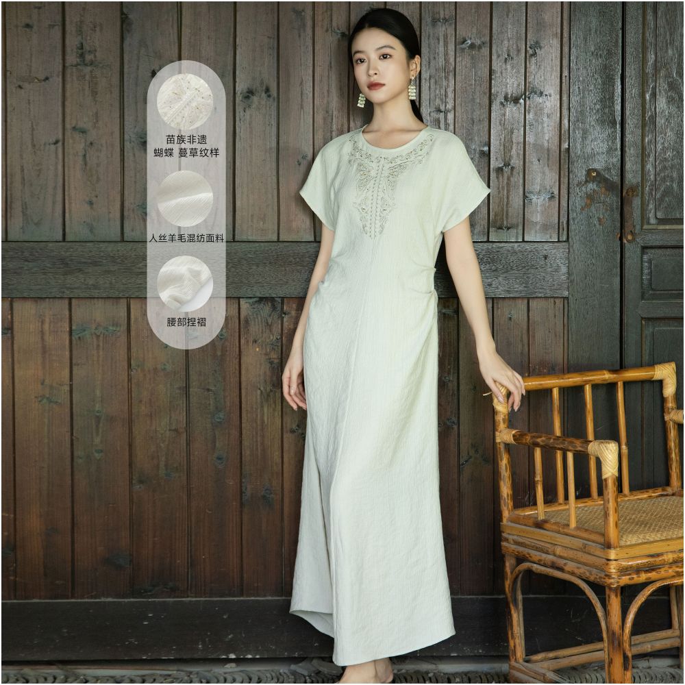 Anytime Still Water Butterfly Embroidery New Chinese Style Rayon Wool Blend Slimming Dress for Women image 0