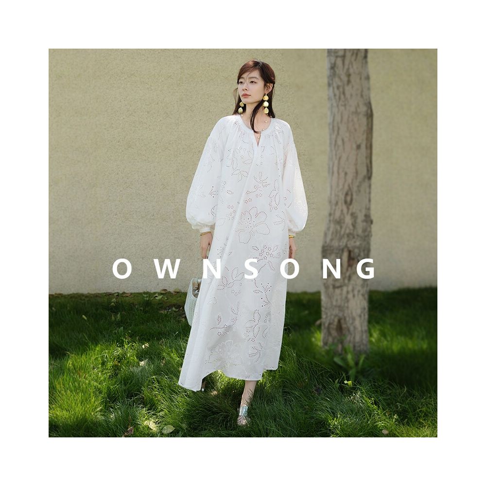 OWNSONG Lightweight Holiday French Style Lazy Pure Cotton Heavy Embroidery Dress for Women Summer Loose Fitting Vacation Maxi Dress image 0