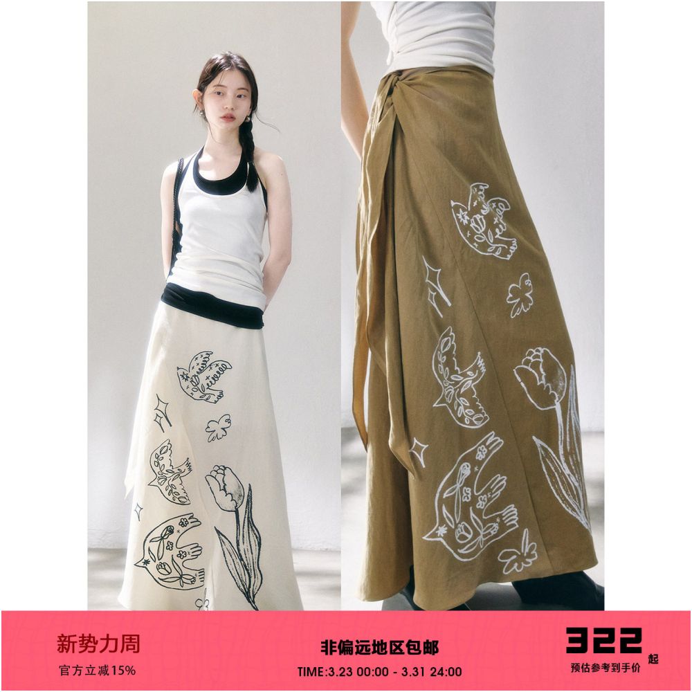 Uare original design Monsoon Migration Flying Birds and Tulips Print Lyocell Tencel Tie up Midi Skirt image 1