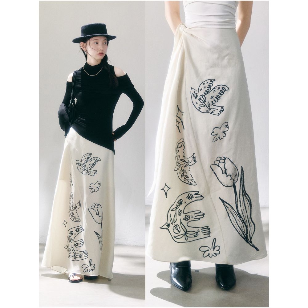 Uare original design Monsoon Migration Flying Birds and Tulips Print Lyocell Tencel Tie up Midi Skirt image 3