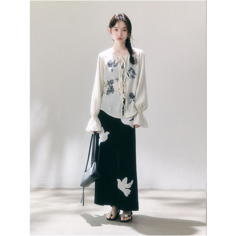 Uare original design Birds and Roses Linen Blend Ink Wash Print Long Sleeve Shirt with Tie image 2
