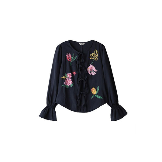 ASAYA6928 – Birds & Roses Tie-Front Blouse 🕊️🌹✨