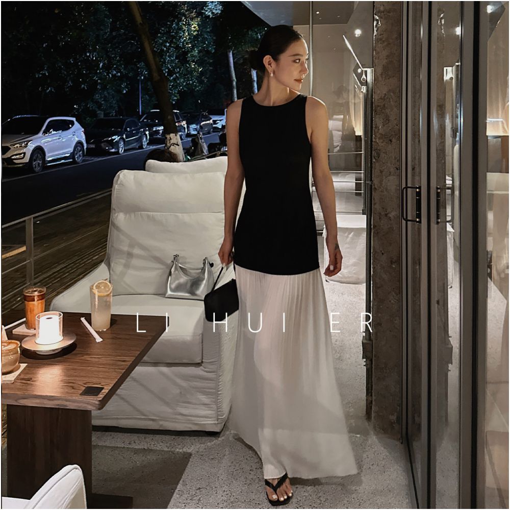 LiHuiEr Monet s Dream 2026 New Black and White Dress Faux Two Piece Sleeveless Vest Long Dress for Women image 4