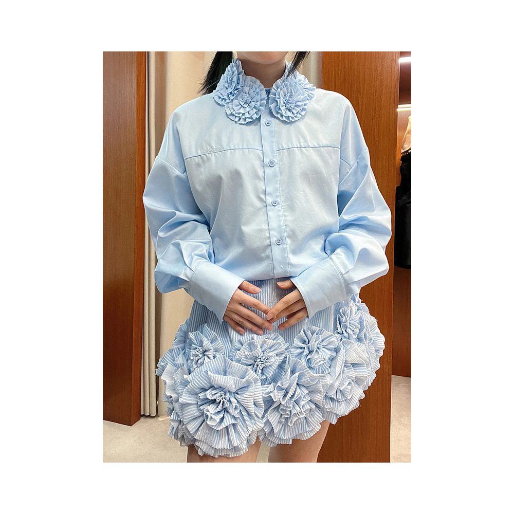 High quality SST sweet and preppy style loose fitting movable long sleeved shirt with 3D floral embellishments image 0
