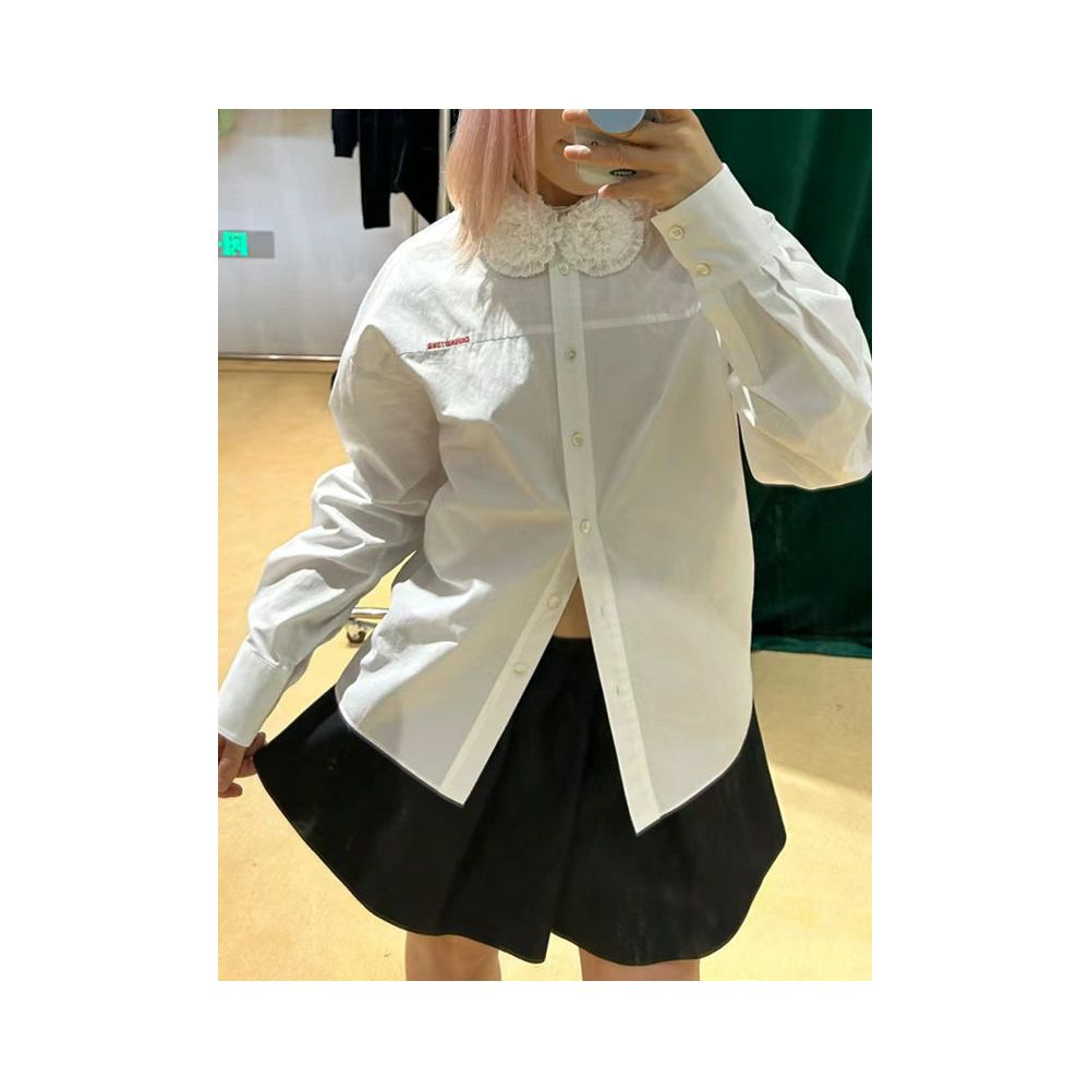 High quality SST sweet and preppy style loose fitting movable long sleeved shirt with 3D floral embellishments image 2
