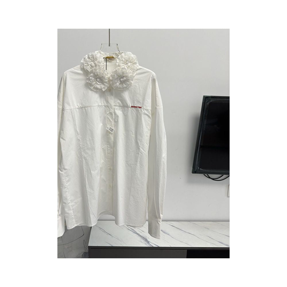 High quality SST sweet and preppy style loose fitting movable long sleeved shirt with 3D floral embellishments image 3