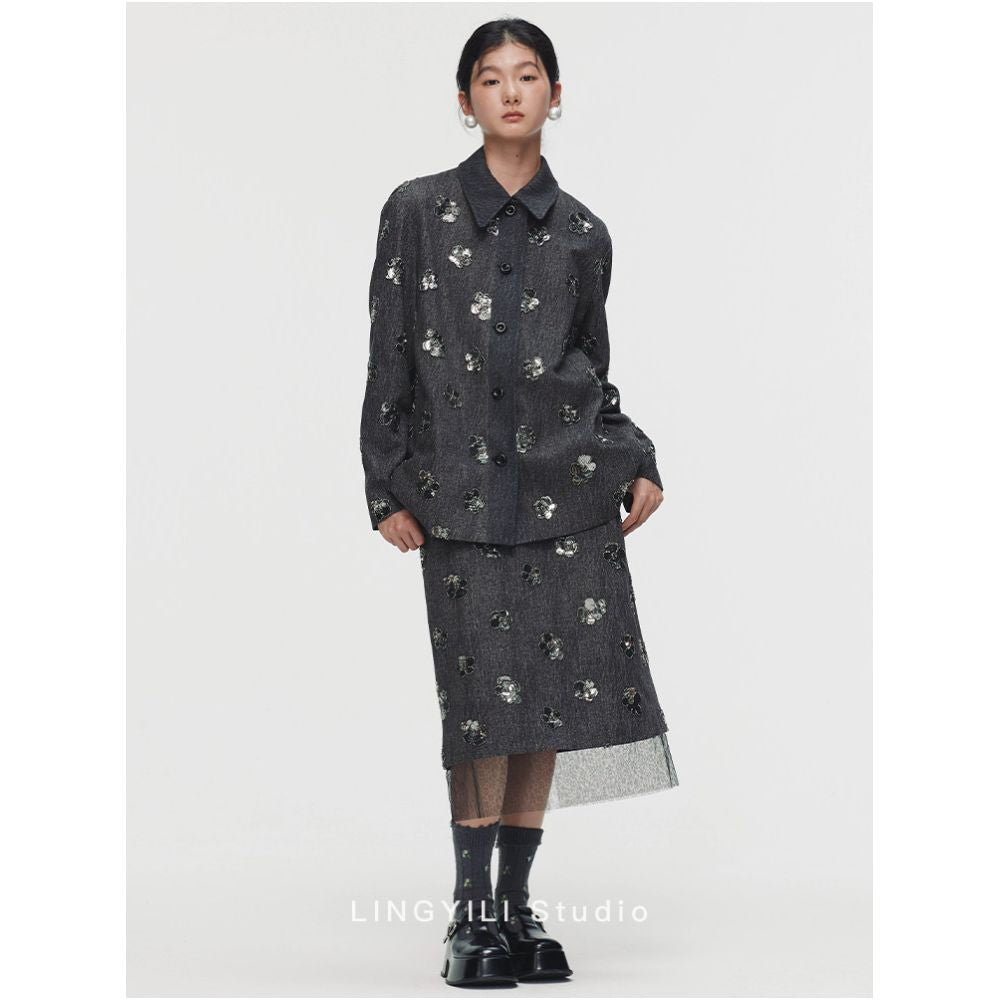 LINGYILI Autumn Winter Collection Grey Denim Embroidered Sequined Miu Style Jacket and Lace Trimmed Skirt Set image 0