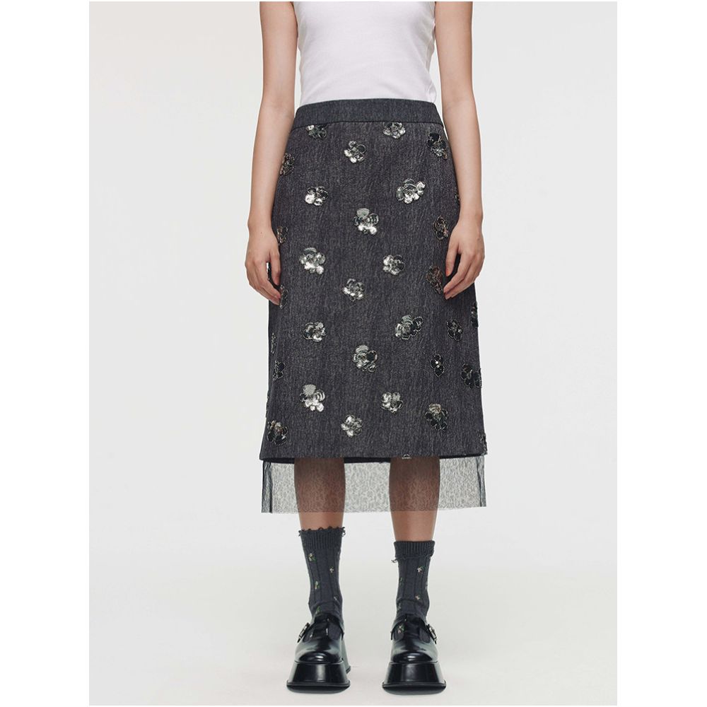 LINGYILI Autumn Winter Collection Grey Denim Embroidered Sequined Miu Style Jacket and Lace Trimmed Skirt Set image 2