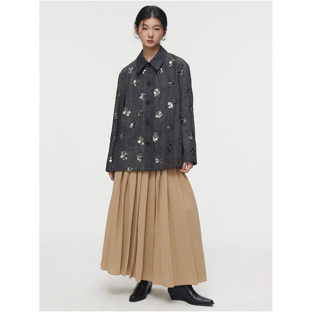 LINGYILI Autumn Winter Collection Grey Denim Embroidered Sequined Miu Style Jacket and Lace Trimmed Skirt Set image 3