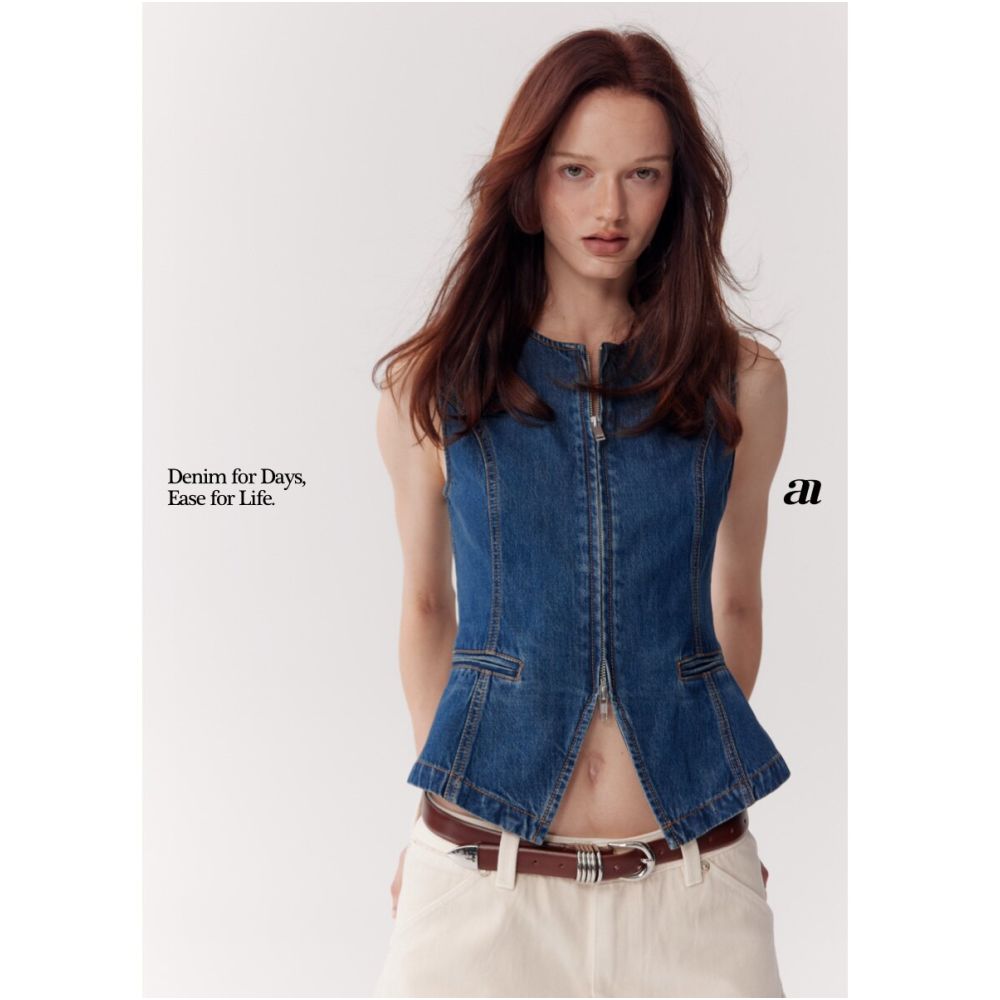 MADEINAM Lyocell Linen Denim Vest Stylish Double Opening Zipper with Top Stitching and Slim Waist image 1