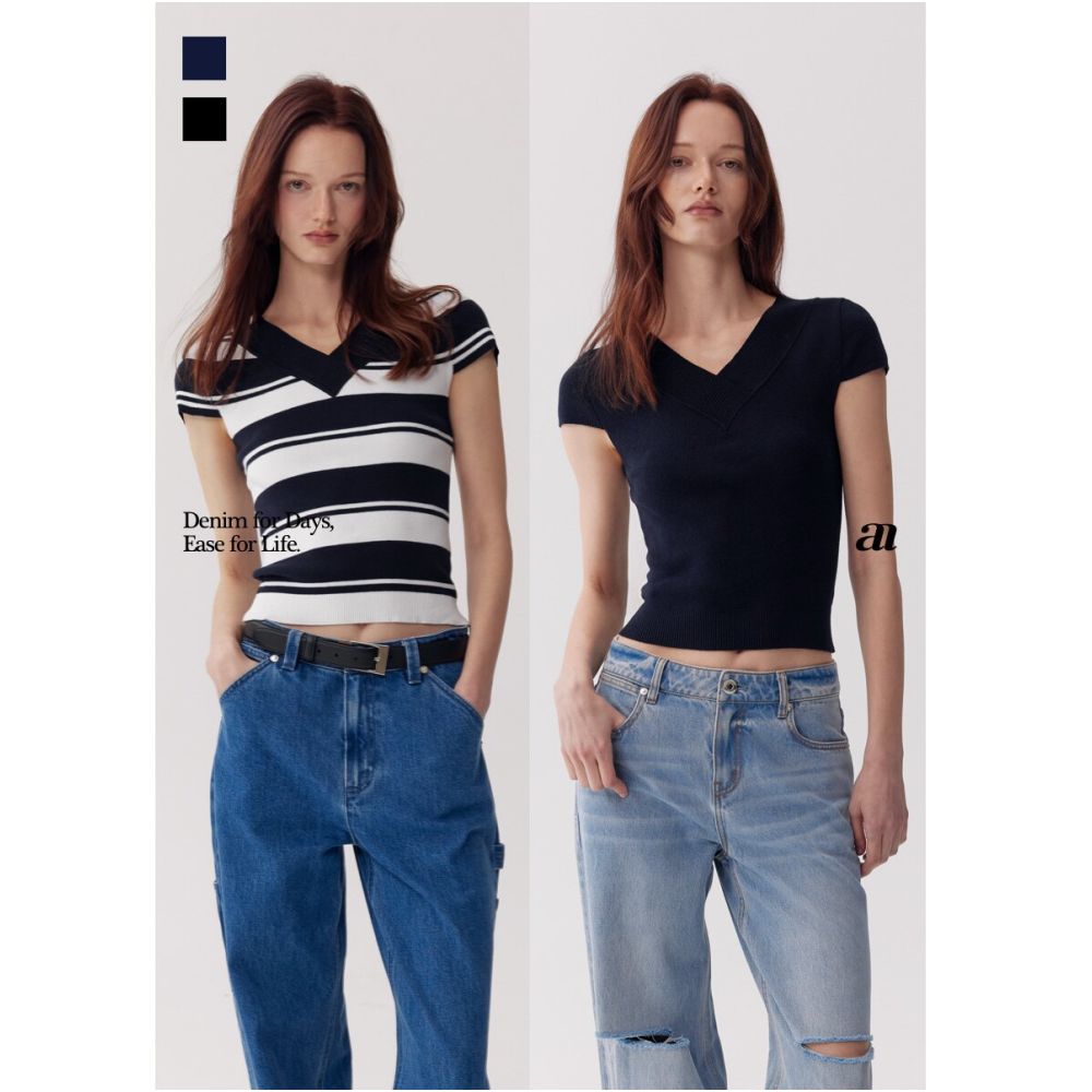 MADEINAM Breathable and Comfortable Cotton Linen Blend Elastic Slim Fit Ribbed Knit V Neck Short Sleeve T Shirt Top image 0