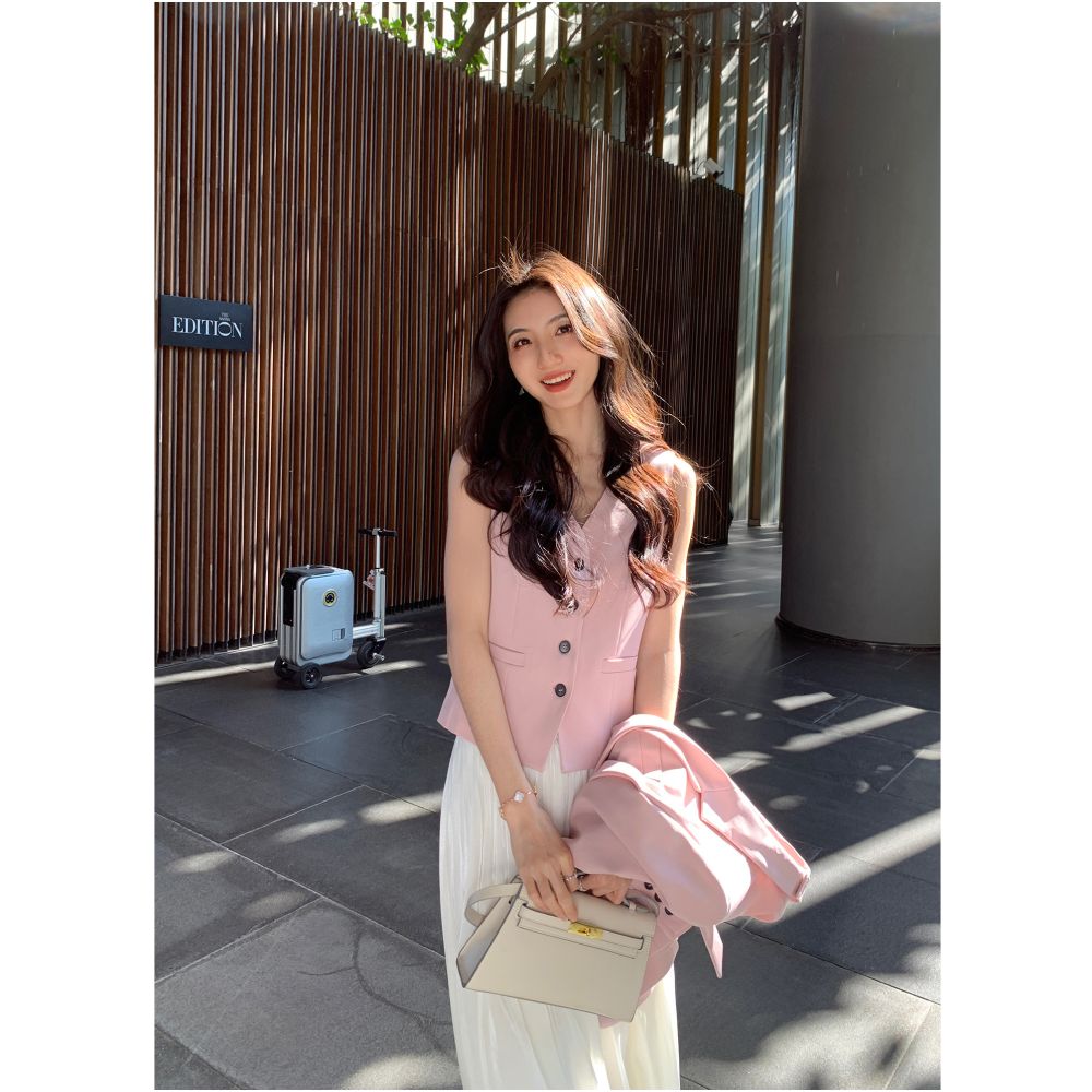 MULVAN Classic Style High End Loose Fitting Ribbon Blazer Set for Women V Neck Slim Waist and Vest image 1