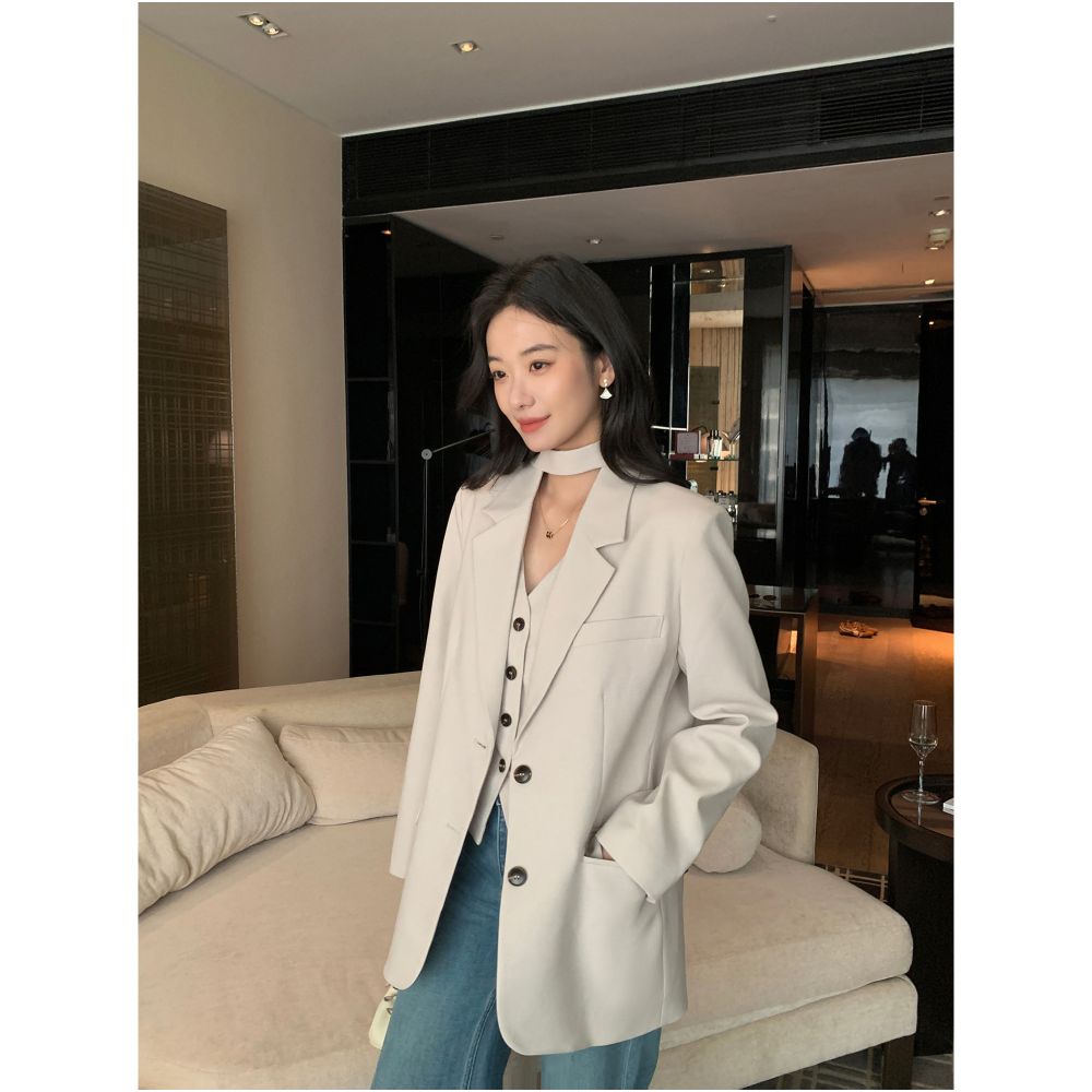 MULVAN Classic Style High End Loose Fitting Ribbon Blazer Set for Women V Neck Slim Waist and Vest image 3