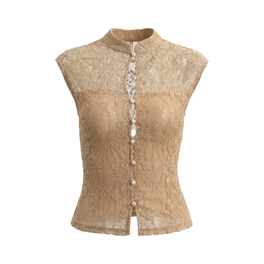 PynkiSwear Light Brown Off White Cheongsam Collar Lace Slightly Sheer Sleeveless Slim Fit Hollowed out New Chinese Style Top image 5