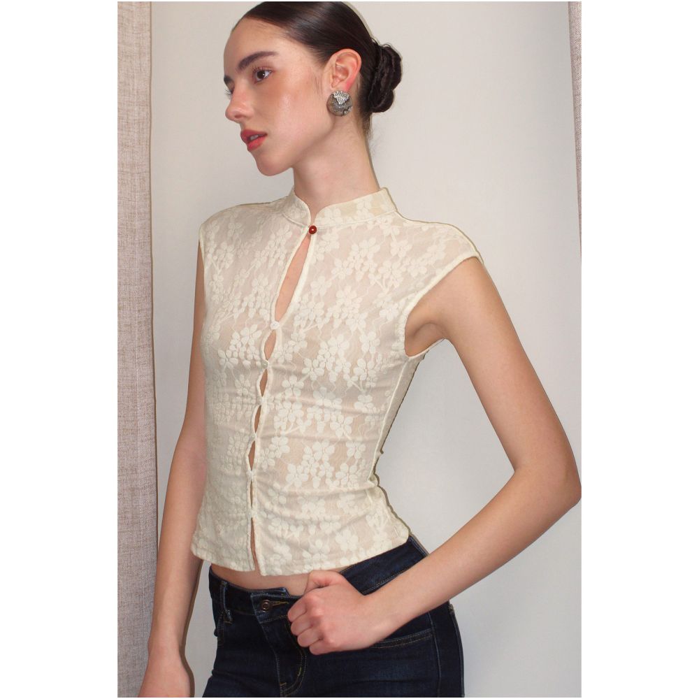 PynkiSwear Light Brown Off White Cheongsam Collar Lace Slightly Sheer Sleeveless Slim Fit Hollowed out New Chinese Style Top image 0