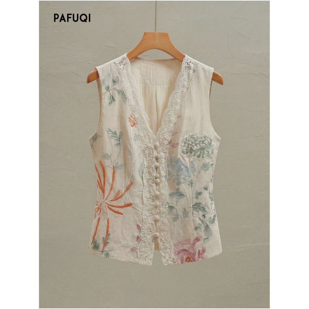 Improved New Chinese Style Heavy Embroidery Sleeveless Linen Vest Thin Style Light Chinese Style Women s Clothing 2026 Summer New Arrival image 4