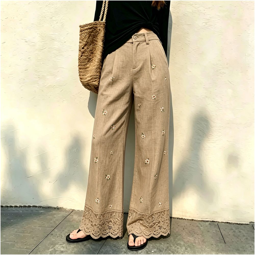 Khaki lace trimmed jacquard linen pants for women new summer 2026 style sophisticated fashionable versatile wide leg pants image 0