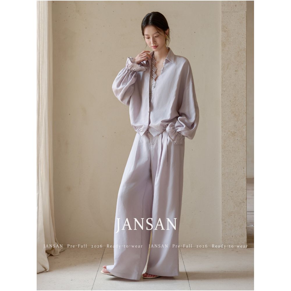 JANSAN Lenzing Tencel and Paper Yarn Faux Two Piece Lace Vest Shirt Wide Leg Casual Trousers Set image 3