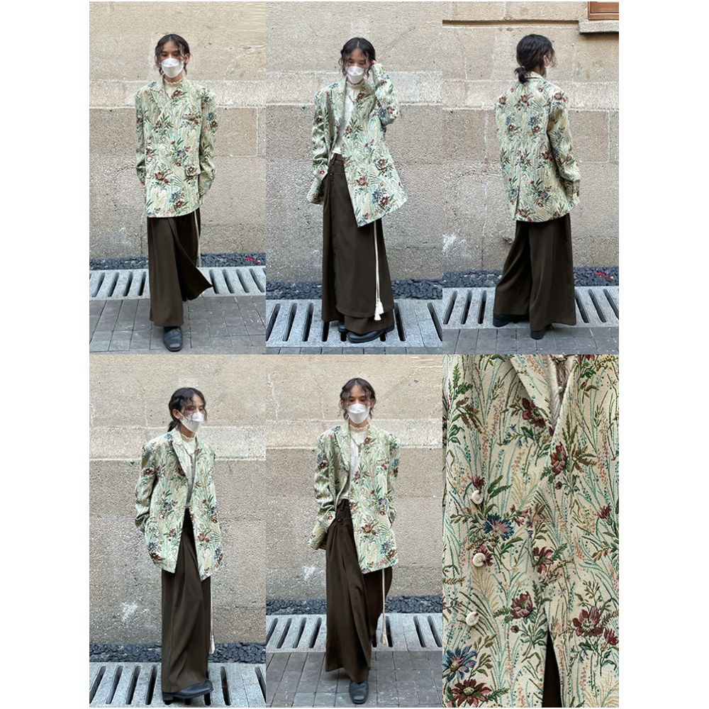 PCGO 14GSL Niche Design Retro Floral V Neck Side Button Padded Shoulder Suit Jacket for Men and Women image 4