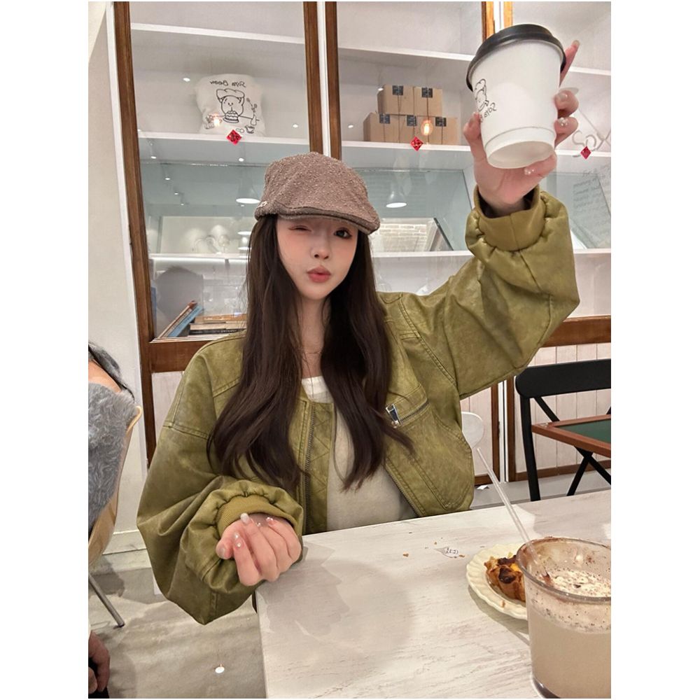 Avocado green retro leather jacket for women 2026 new style super hot and cool petite motorcycle jacket American style image 2