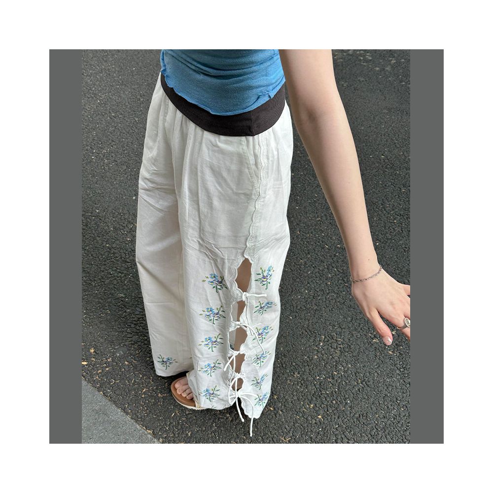 ASAYA6958 – Forget-Me-Not Lace-Up Wide Leg Pants 🤍🩵