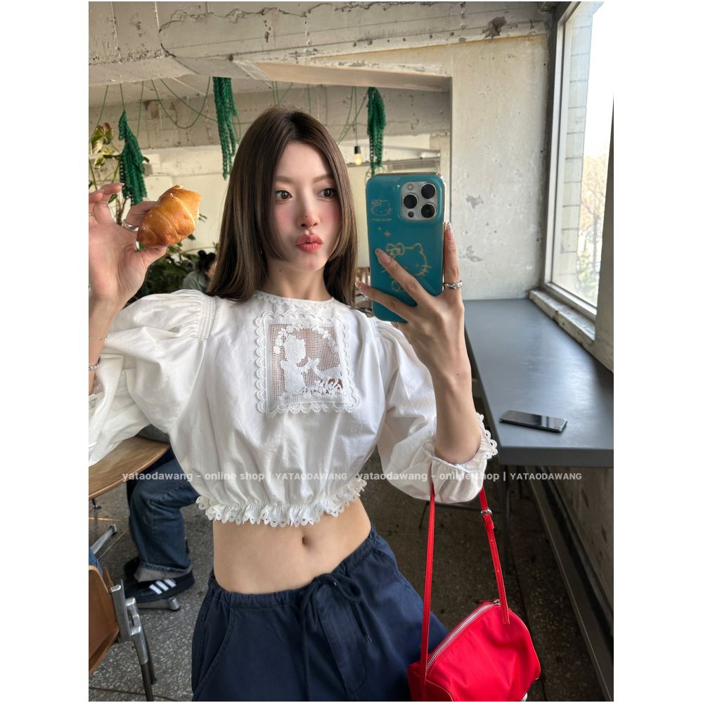 Big Dog with Braces nini Summer 2026 New White Five Point Puff Sleeve Reversible Women s Shirt image 0