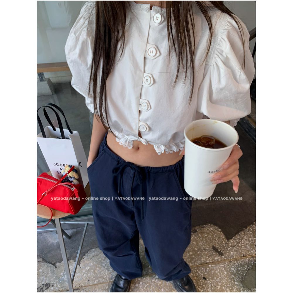 Big Dog with Braces nini Summer 2026 New White Five Point Puff Sleeve Reversible Women s Shirt image 4