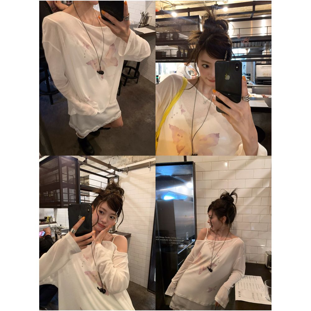 Big Dog with Braces Backlight Butterfly Sheer Lazy Off Shoulder Sun Protection Long Sleeve T Shirt with Butterfly Print and Diffusion Effect image 2