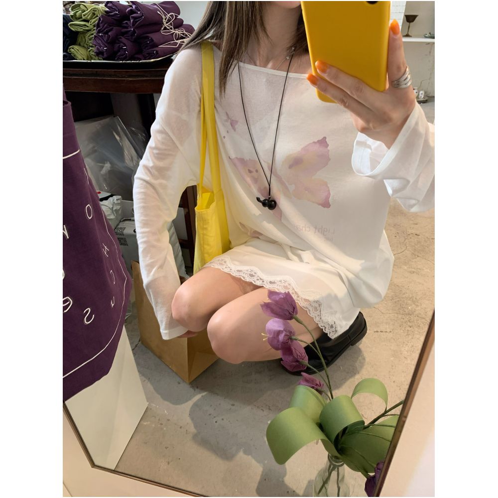 Big Dog with Braces Backlight Butterfly Sheer Lazy Off Shoulder Sun Protection Long Sleeve T Shirt with Butterfly Print and Diffusion Effect image 4