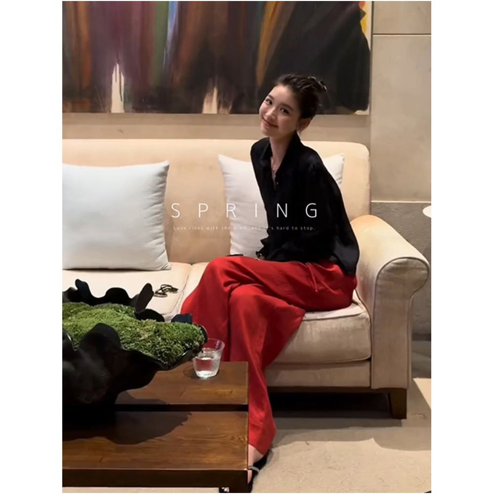 Niche style relaxed fit red linen wide leg pants for women 2026 summer thin plus size high end straight leg casual pants for curvy women image 3