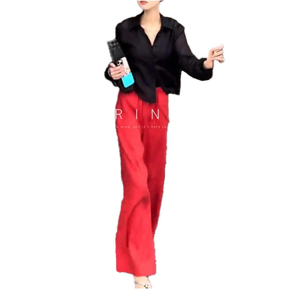 Niche style relaxed fit red linen wide leg pants for women 2026 summer thin plus size high end straight leg casual pants for curvy women image 4